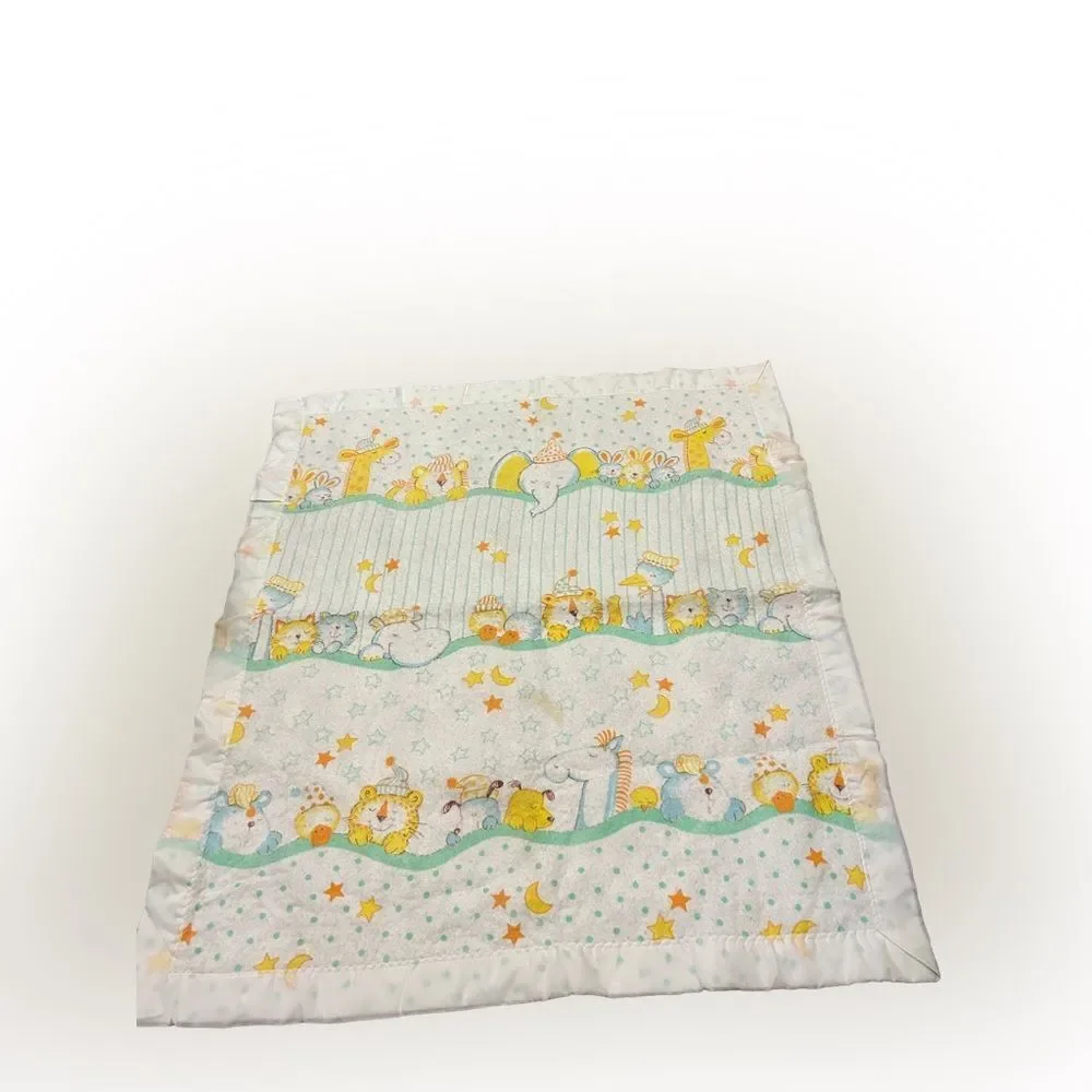 Vintage Satin Edge Baby Blanket Star Moon Sleepy Giraffe Duck Dog Cat Tiger Bear